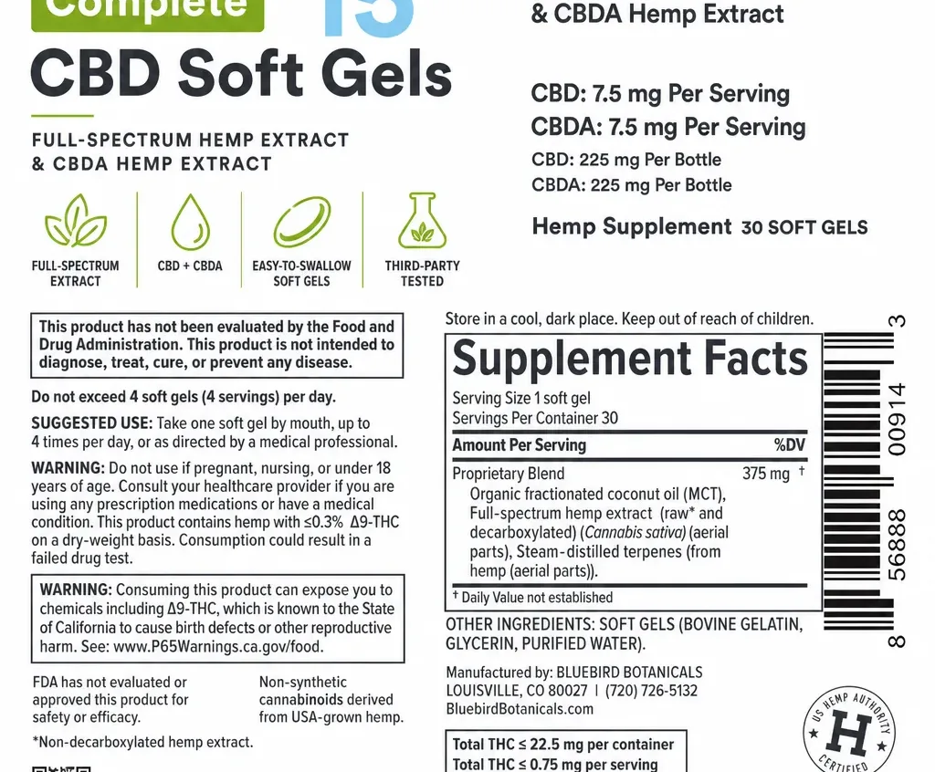 Bluebird Botanicals Complete CBDA + CBD Oil Soft Gels image 2