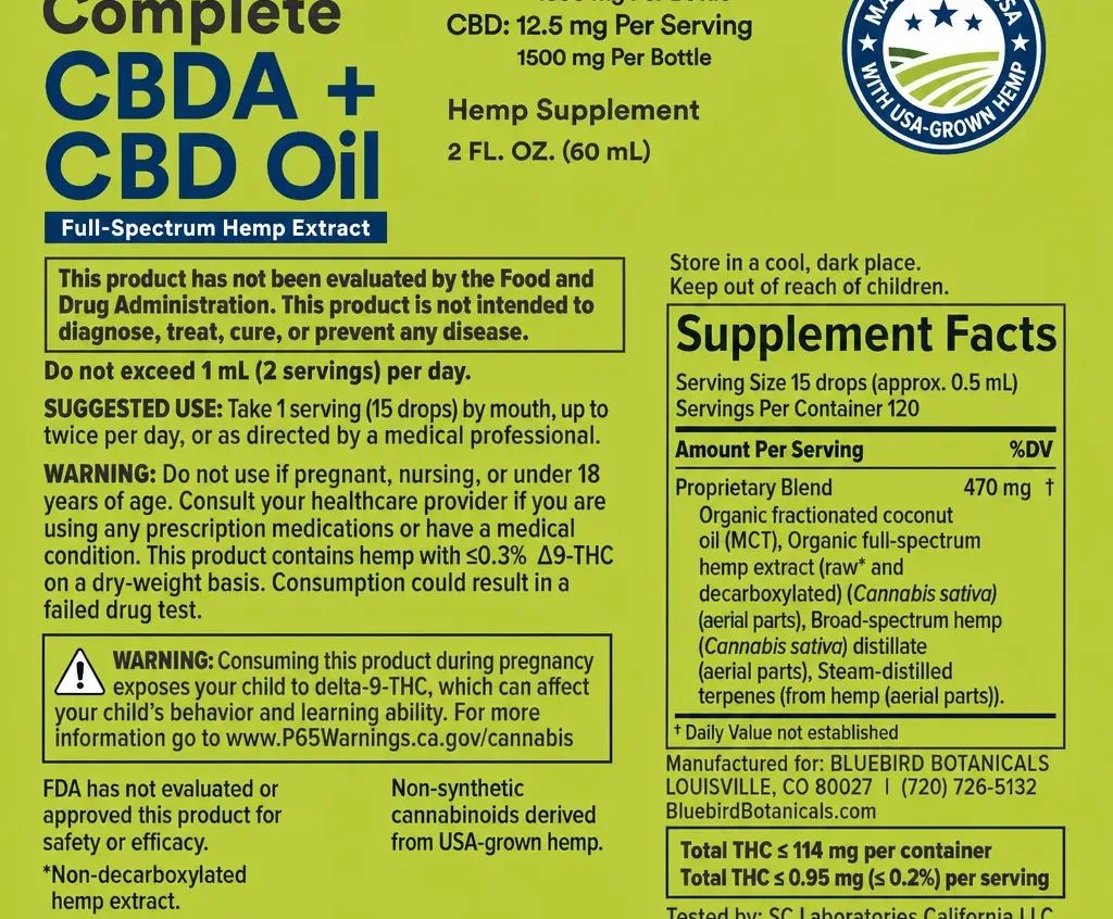 Bluebird Botanicals Complete CBDA + CBD Oil image 2
