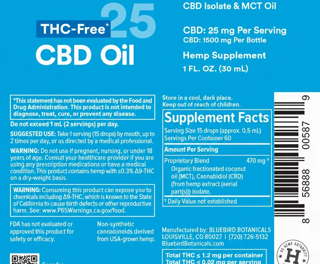 Bluebird Botanicals THC Free CBD Oil image 2
