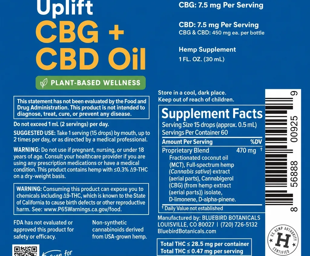 Bluebird Botanicals Uplift CBG + CBD Oil image 3
