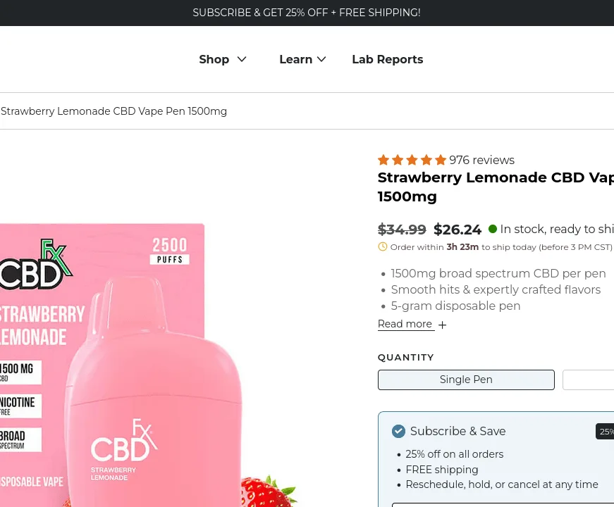 CBDfx Strawberry Lemonade CBD Vape Pen image 2
