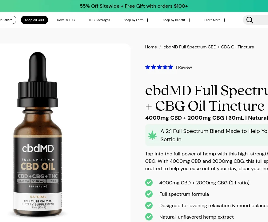 cbdMD Full Spectrum CBD + CBG Oil Tincture image 2