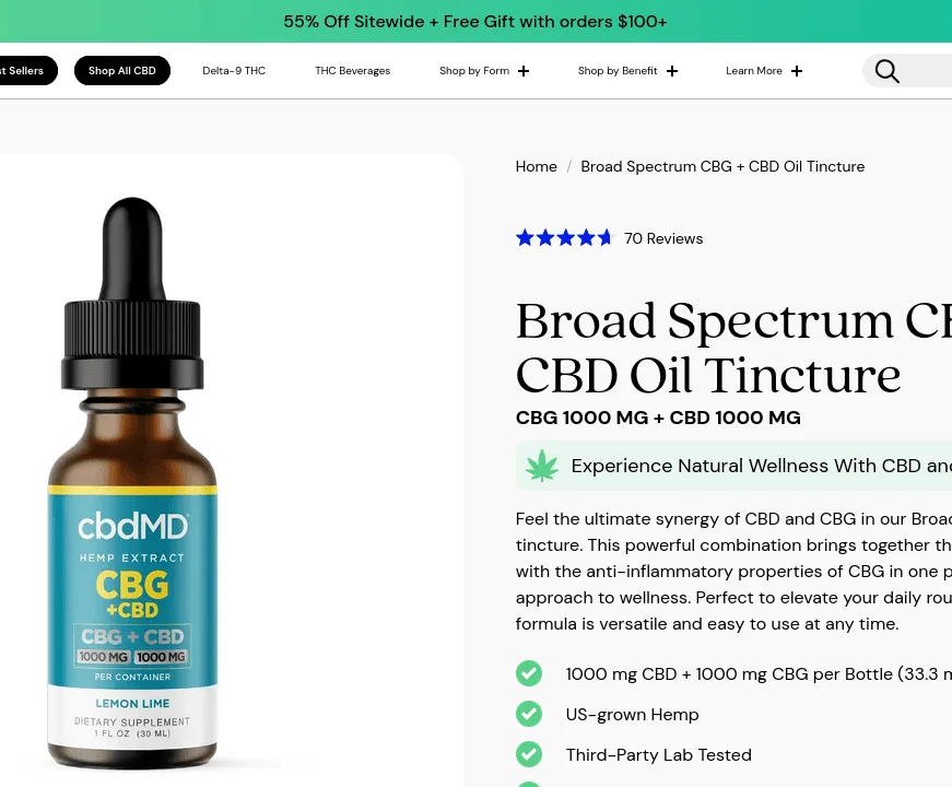 cbdMD Broad Spectrum CBG + CBD Oil Tincture image 2