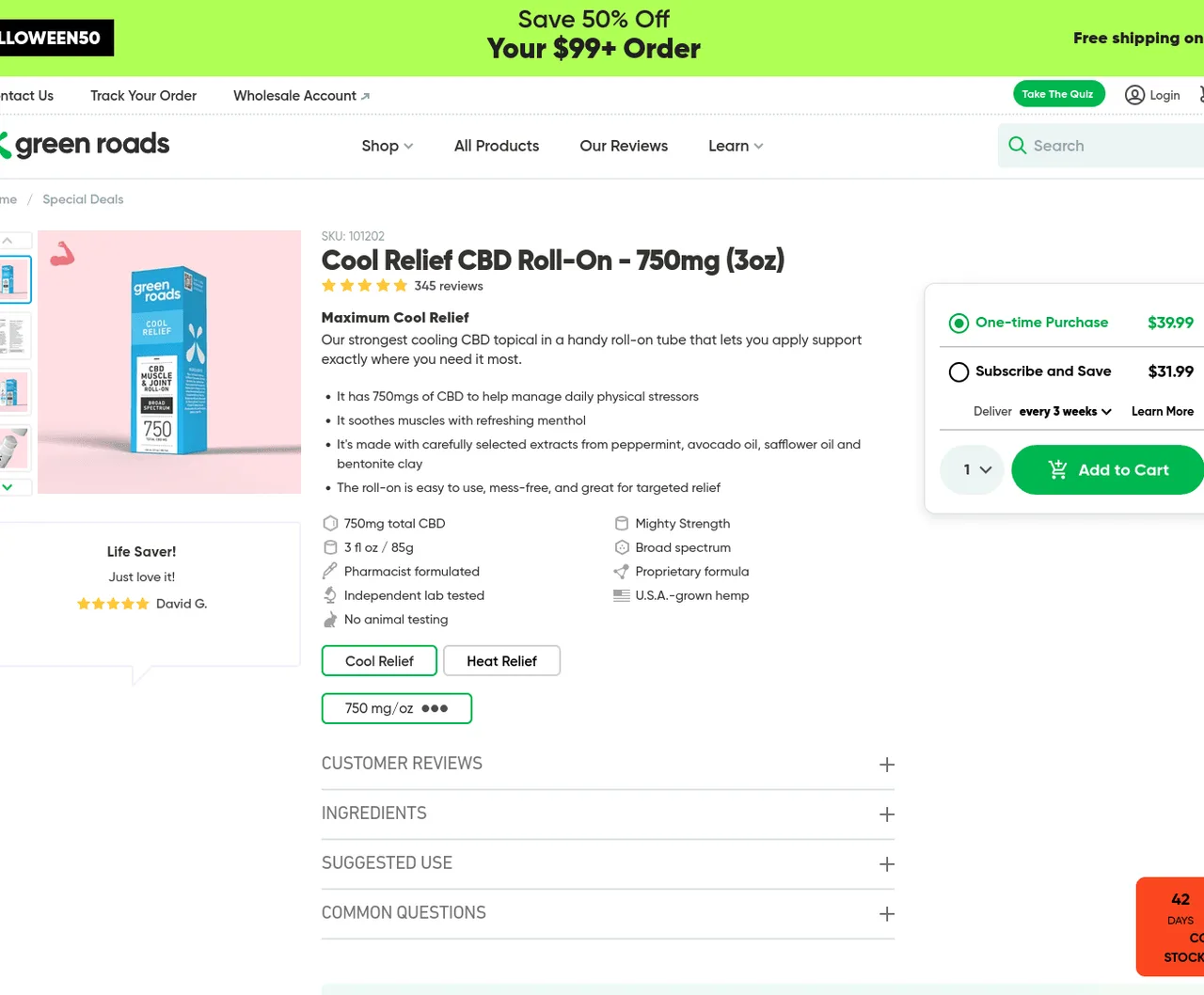 Green Roads Cool Relief CBD Roll-On image 2