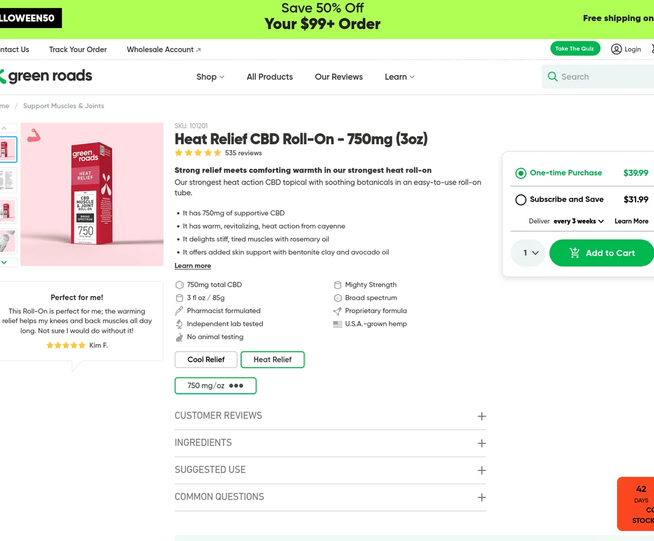 Green Roads Heat Relief CBD Roll-On image 2
