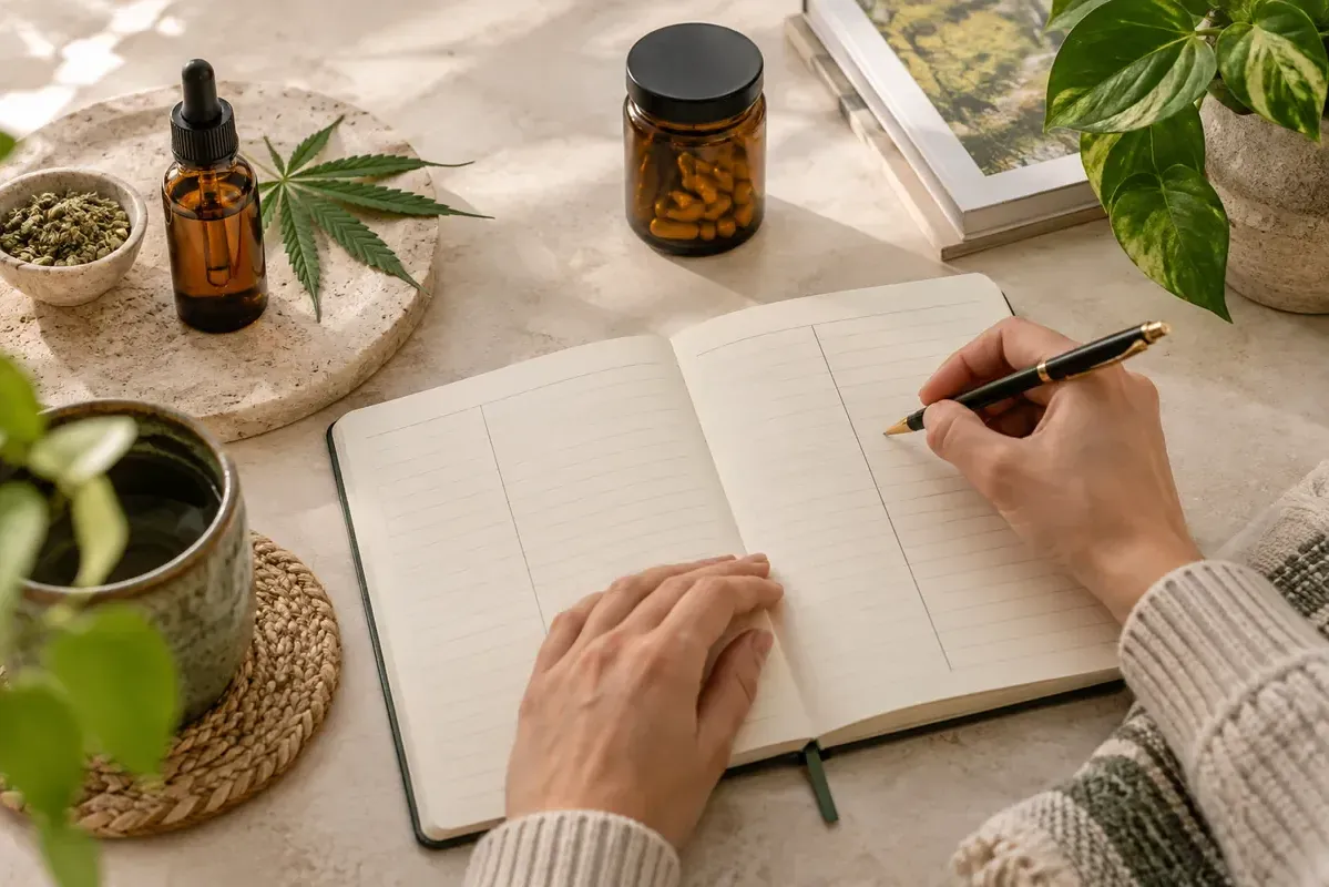 An adult writing in a notebook beside a bottle and capsule jar