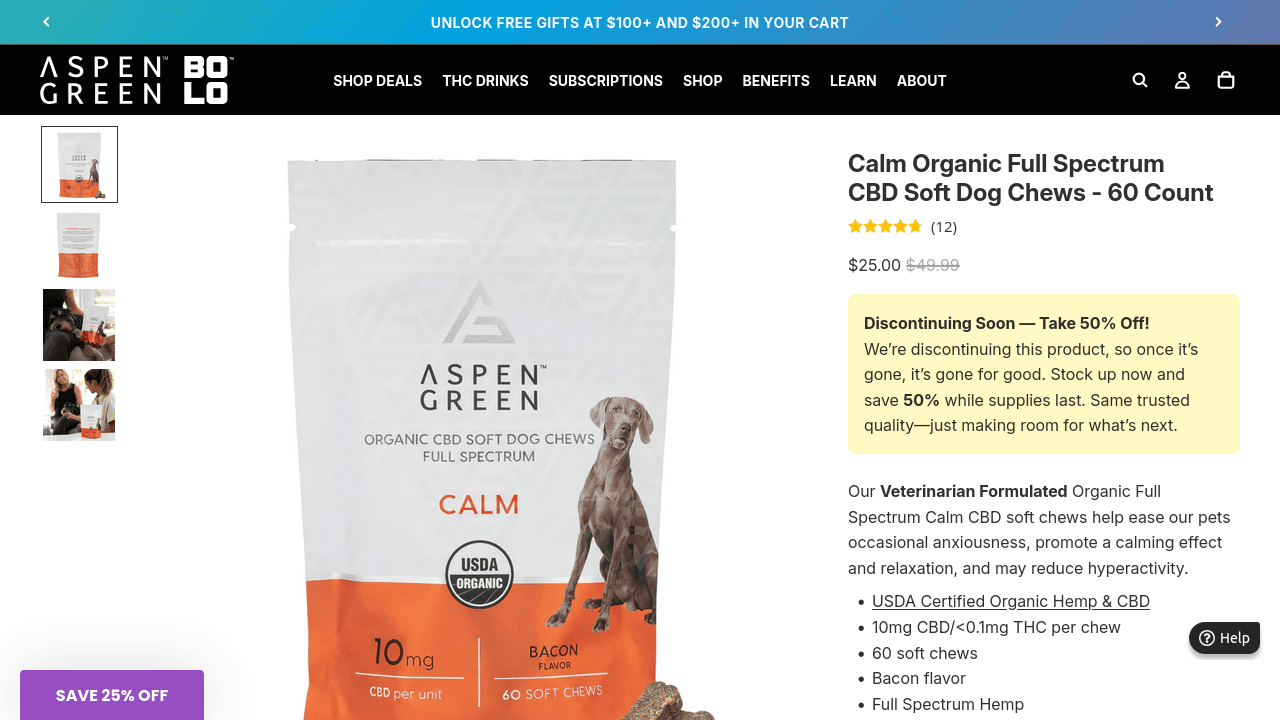 Calm Organic Full Spectrum CBD Soft Dog Chews thumbnail