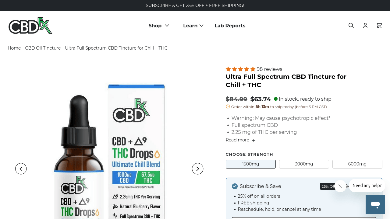 Ultra Full Spectrum CBD Tincture for Chill + THC thumbnail