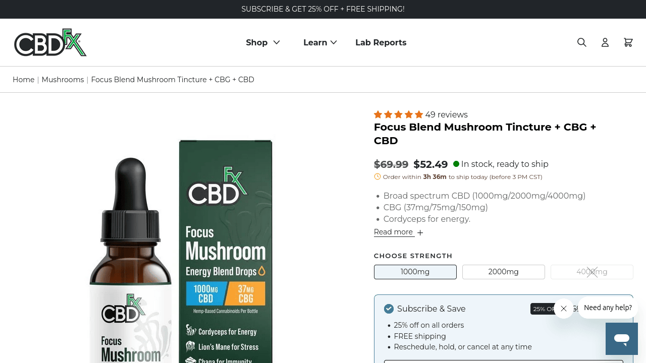 Focus Blend Mushroom Tincture + CBG + CBD thumbnail