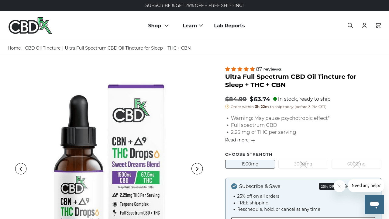 Ultra Full Spectrum CBD Oil Tincture for Sleep + THC + CBN thumbnail